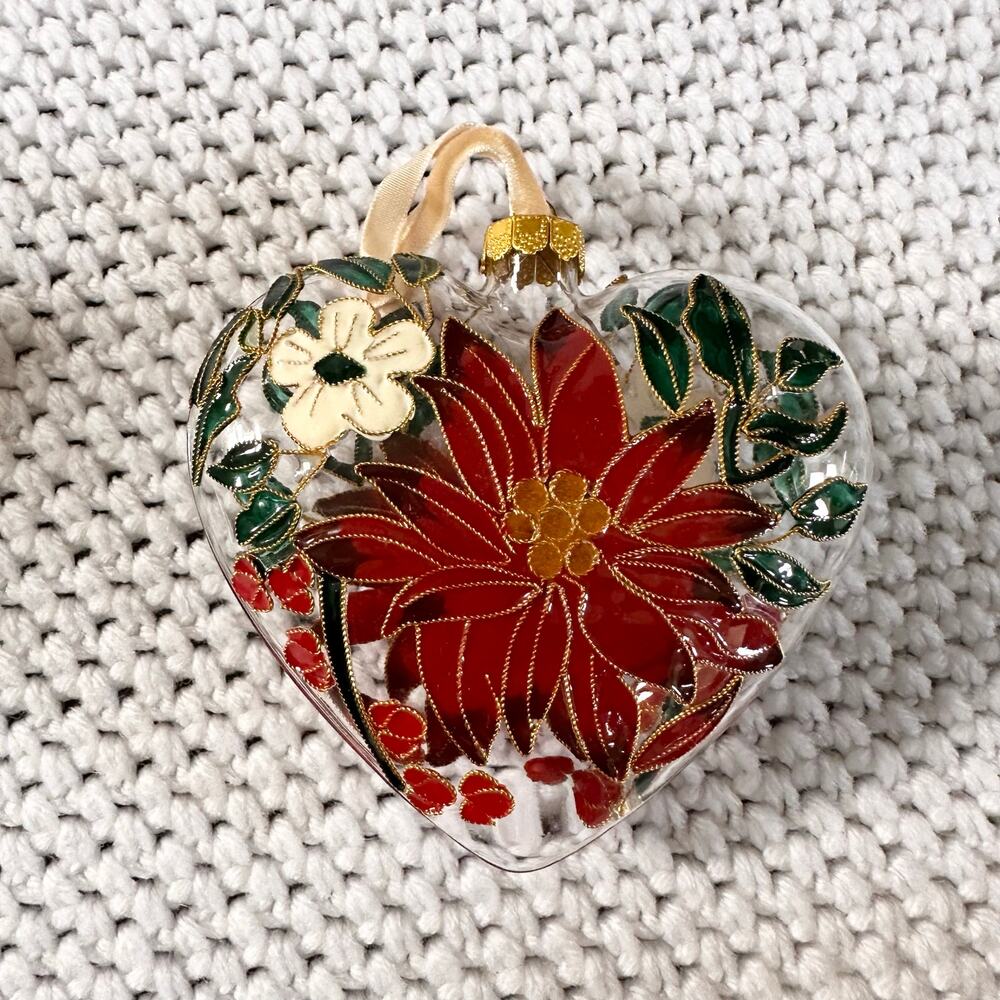 Pier 1 Imports Cloisonne Poinsettia Holiday Christmas Heart Ornament In Box 2019 - Picture 4 of 7